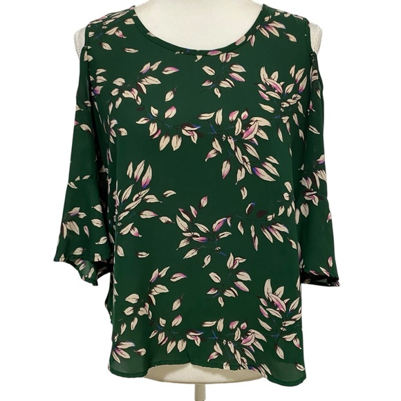 Sienna Sky Top Dark Green Leaf Print Blouse 3/4 Sleeve Cold-Shoulder Size Small - Picture 3 of 16